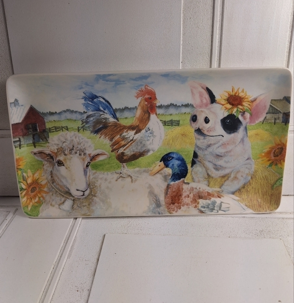 Pier 1 Imports Farm Animals Platter Rectangular Pig/Lamb/Duck/Chicken
